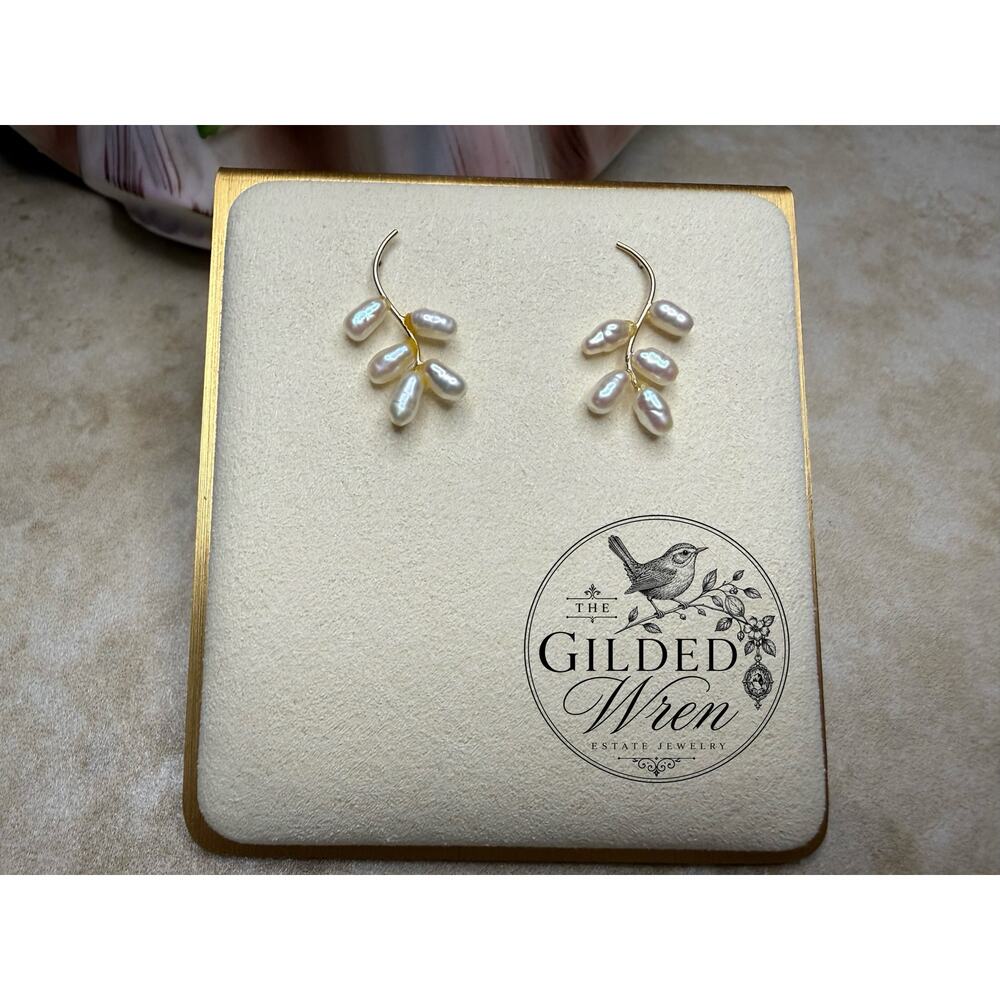 Vintage 14K Gold Freshwater Pearl Branch Dangle Earrings Organic Artisan Design - Picture 4 of 7